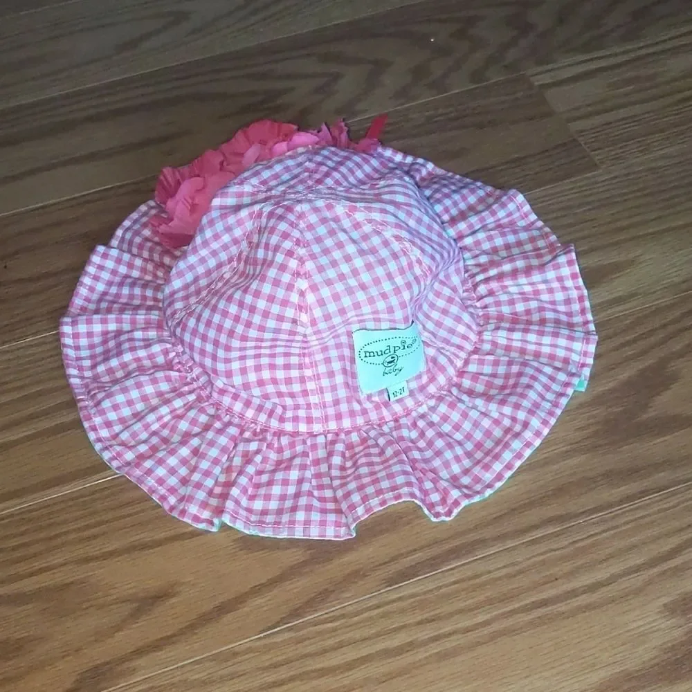 Mud Pie pink green gingham flower sunhat Sz 12m-2T